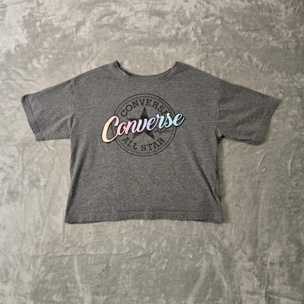 Converse All Star Gray Holographic Logo Crop Top T-Shirt Size L KIDS